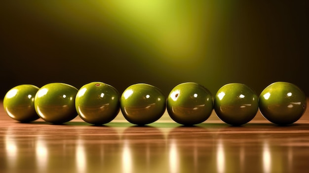 Green balls on a wooden table with a green background