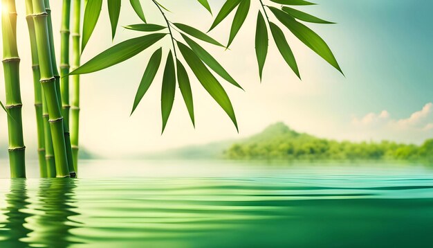 Photo green bamboo leaves against peaceful water surface beautiful spa scene with asian spirit