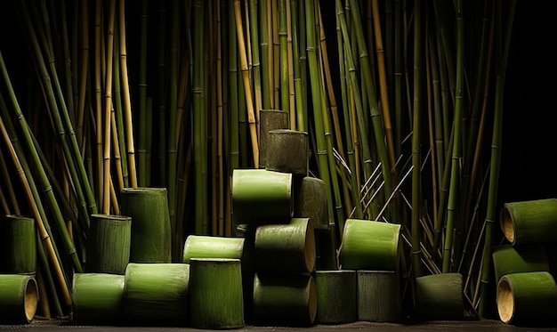 Photo a green bamboo trunk dark background