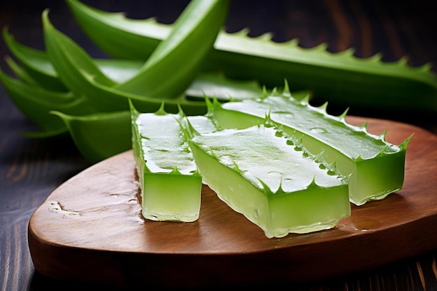 a green banana leaf is on a wooden tray.