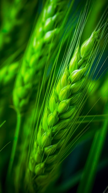 Photo green barley spike closeup green wheat full grain close up of an ear of unripe wheat ai generative