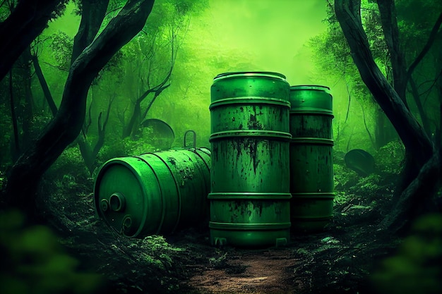 Green barrels with toxic radioactive waste in forest illustration Generative AI