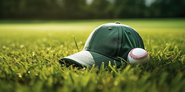 Green baseball cap lies on green grass