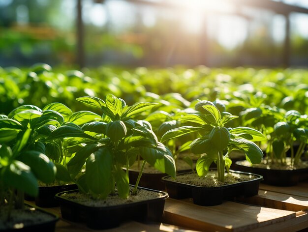 Green Basil Crops in organic farm greenhouse Ecofriendly agriculture Sustainable farm practices