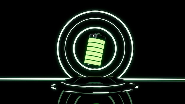 Green battery glowing with plus and minus sign fully charged floating over black podium with green concentric accent lights 3d illustration