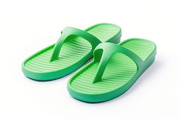 green beach flip flops on a white