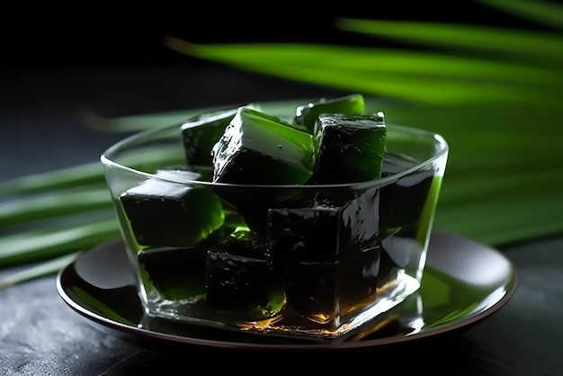 Green bean drink with pandan leaf flavor in dark background