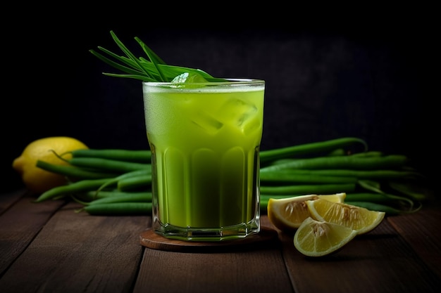 맛있고 신선한 과일 컨셉의 어두운 접시에 판단 잎 맛을 곁들인 녹색 콩 음료
