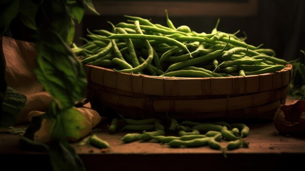 green beans in a bowl dark background