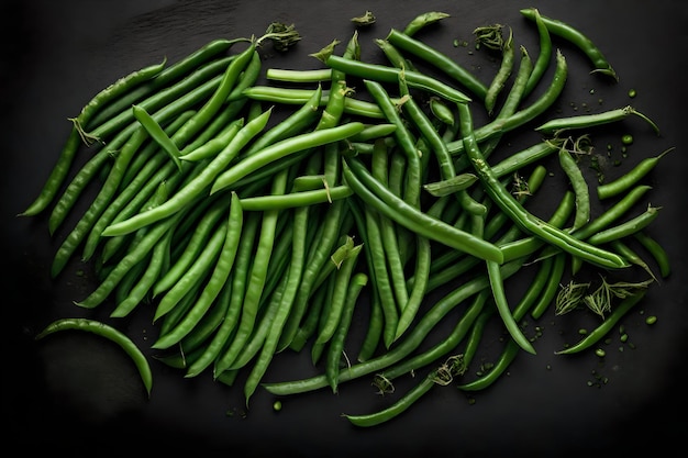 Green beans composition flat lay with free space for copy black tourmaline background