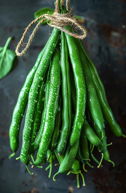 Green beans on dark background