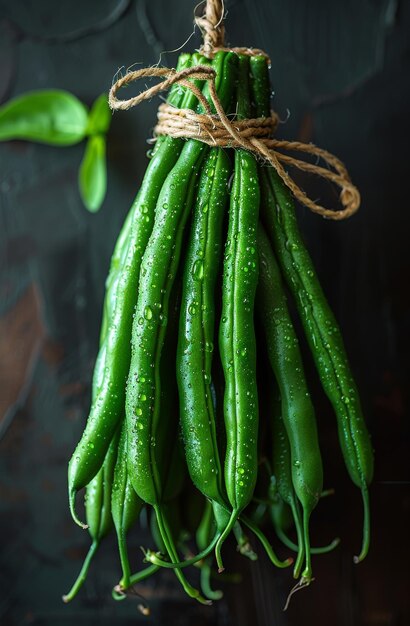 Green beans on dark background