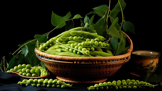 green beans with leaves in a wooden bowl