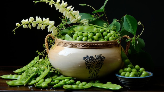 green beans with leaves in a wooden bowl