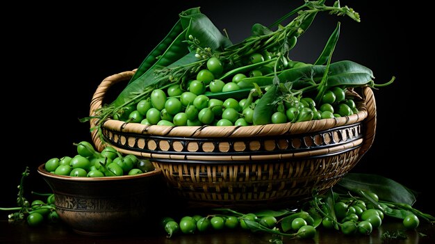 green beans with leaves in a wooden bowl