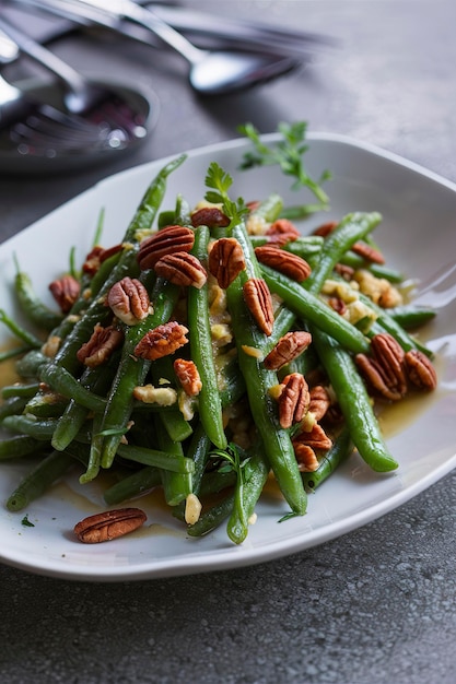 Green beans with pecans on a plate side dish idea