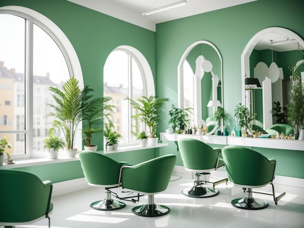 肘掛け椅子が並び、ミニマリストなデザインが特徴の緑豊かな美容室