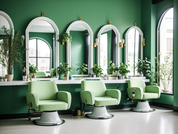 Green Beauty Salon with Rows of Armchairs and Minimalist Design