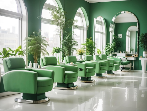 Зеленый салон красоты с рядами кресел и минималистским дизайном
