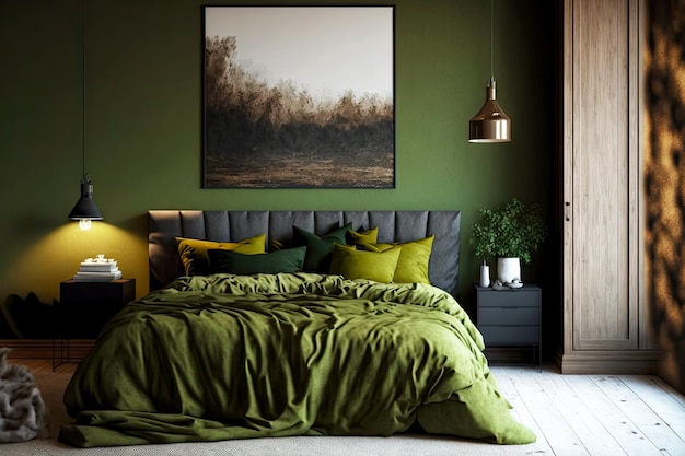 Green bed linen on bed next to bedside tables