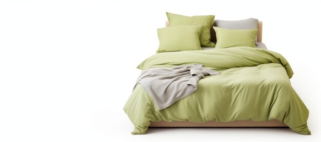 Photo green bed linen on the bed on a white background generative ai