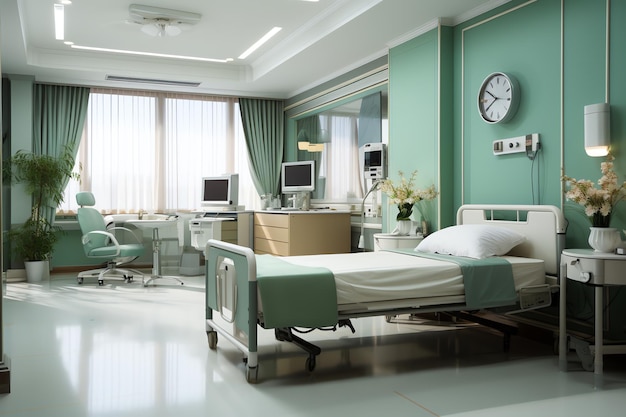 A green bed on medical room