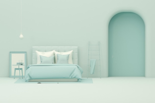 Green bed and room accessories Light background with copy space 3D rendering minimal