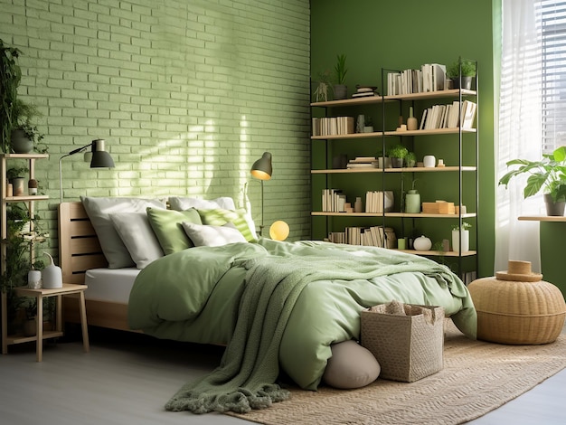 Зеленый интерьер спальни, демонстрирующий изысканную мебель, созданный ИИ