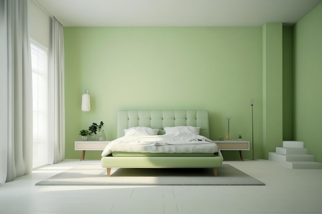 Premium Photo | A green bedroom with a bed and a lamp on the side.