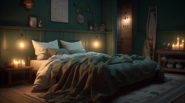 Фото Зеленая спальня со свечами, горящими на полу.
