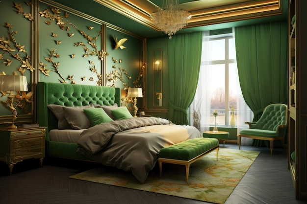 Green bedroom with a gold bird on the wall