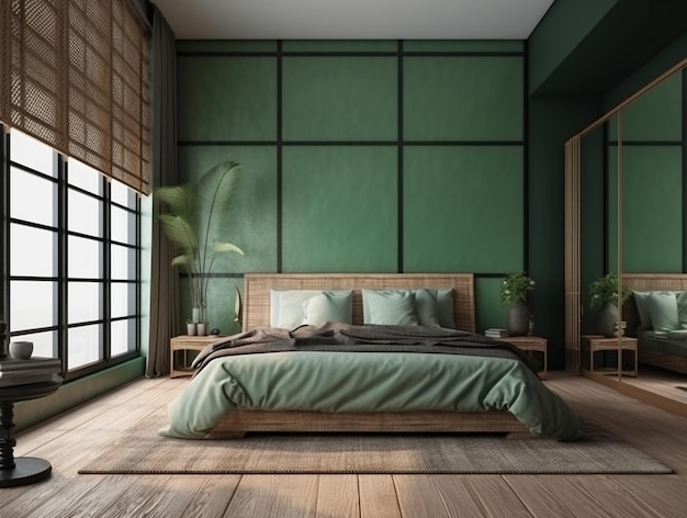 A green bedroom with a wooden bed and a window with a japanese style background.