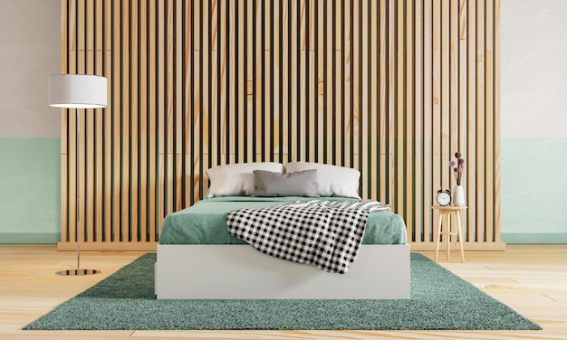 木製の床と仕切り壁と白緑色の生コンクリートの背景を持つ緑の寝室インテリアと建築のコンセプト3Dイラストレンダリング