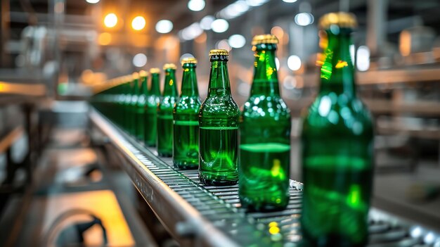 Green beer bottles being produced a backdrop of factory space Generative AI