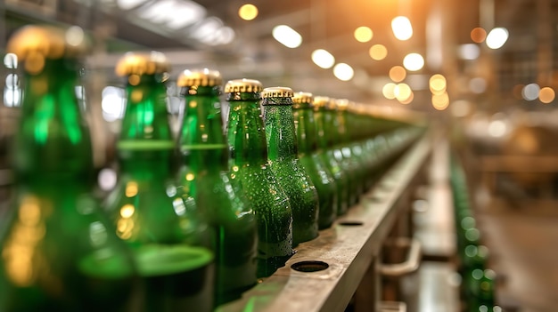 Green beer bottles being produced a backdrop of factory space Generative AI