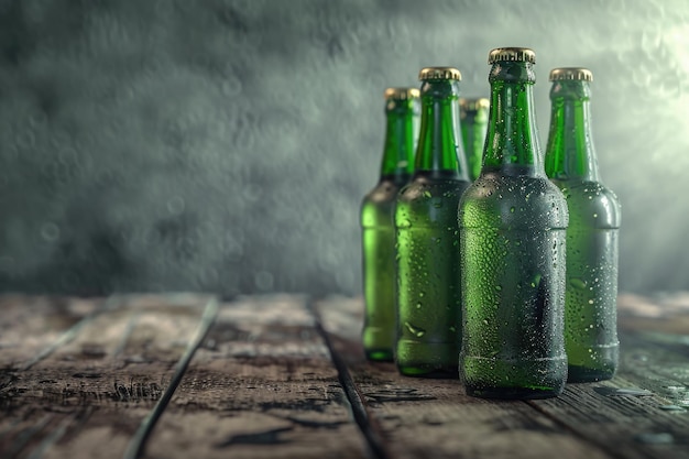 Photo green beer bottles on rustic table with gray background