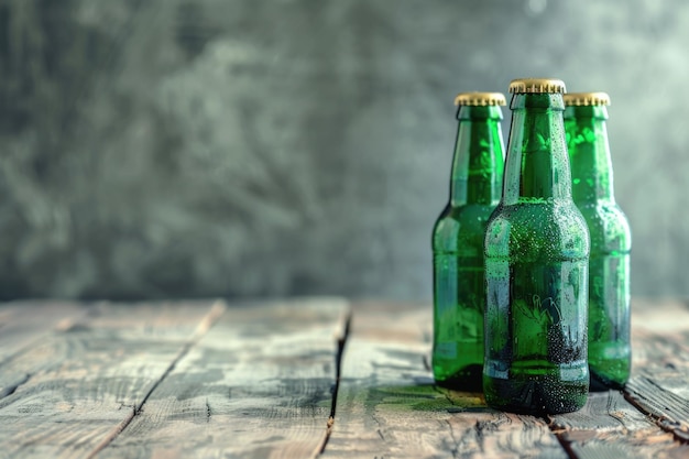 Photo green beer bottles on rustic table with gray background