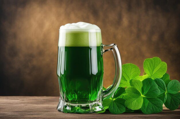 Green Beer in Glass Mug with Clovers