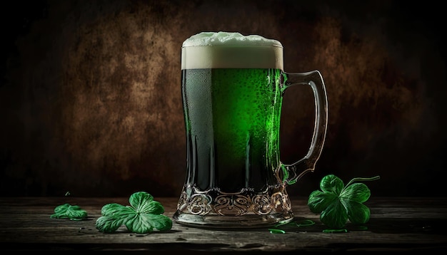 A green beer mug with a green beer in it