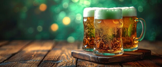 Photo green beer on wooden table back hd background wallpaper desktop wallpaper