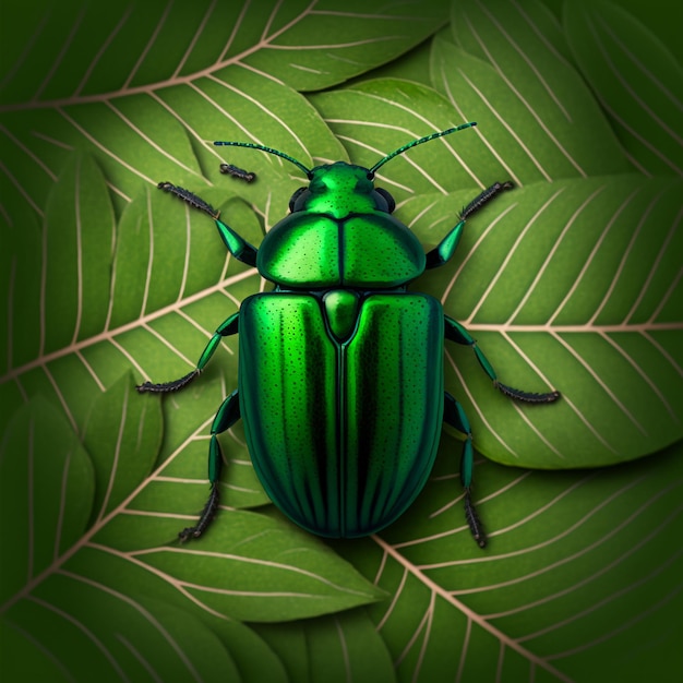 Зеленый жук на листьях