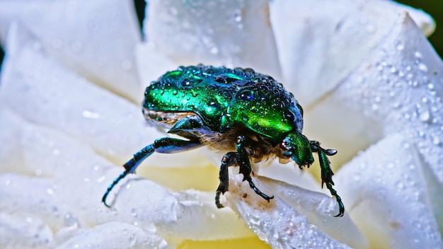 A green beetle sits on a flower.