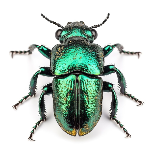 A green beetle with a gold and green pattern.