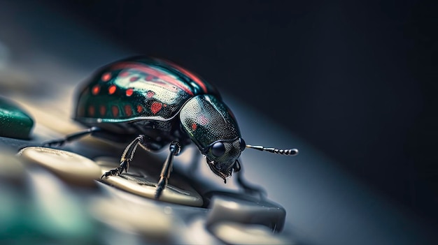 A green beetle with red dots on its back sits on a metal object.