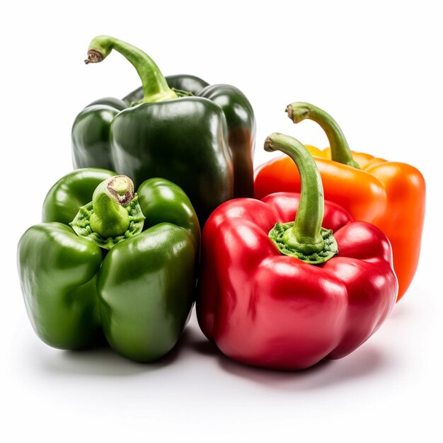 A green bell pepper is next to a red bell pepper.