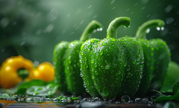 Green bell peppers on wet wooden surface