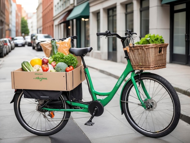 a green bicycle with a basket of vegetables on the back of it