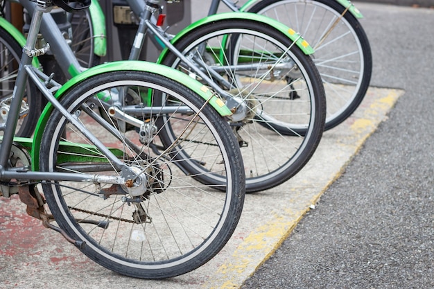 Green bicycles for rent close up