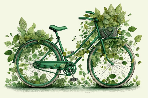 Green bike enveloped by lush leaves intricately detailed Generative AI