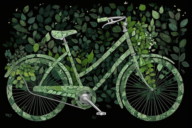 Green bike enveloped by lush leaves intricately detailed Generative AI